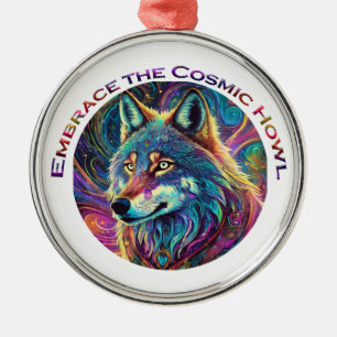 Embrace the Cosmic Howl Wolf Metal Ornament