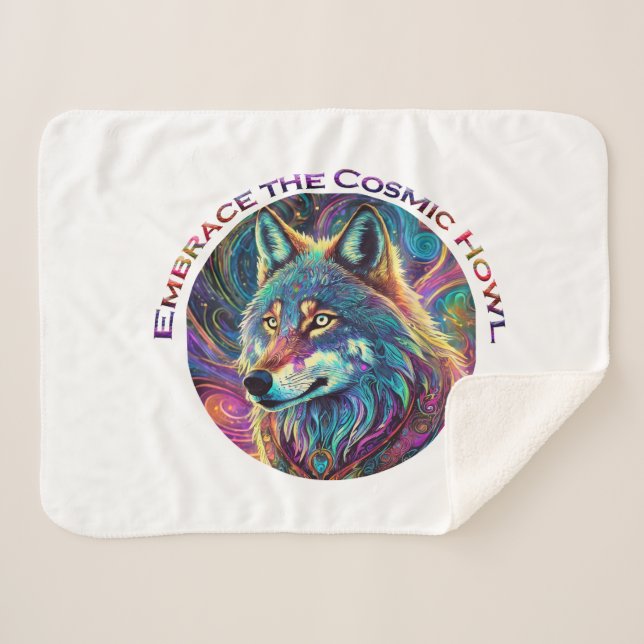 Embrace the Cosmic Howl Wolf Sherpa Blanket (Front (Horizontal))