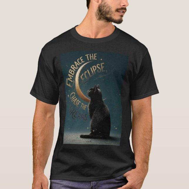 "Embrace the Eclipse" Celestial Cat Illustration T-Shirt (Front)