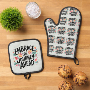 Embrace the Journey Ahead Boho Floral Typography Oven Mitt & Pot Holder Set