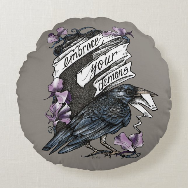 Embrace Your Demons (Raven with Sweet Peas) Round Cushion (Front)