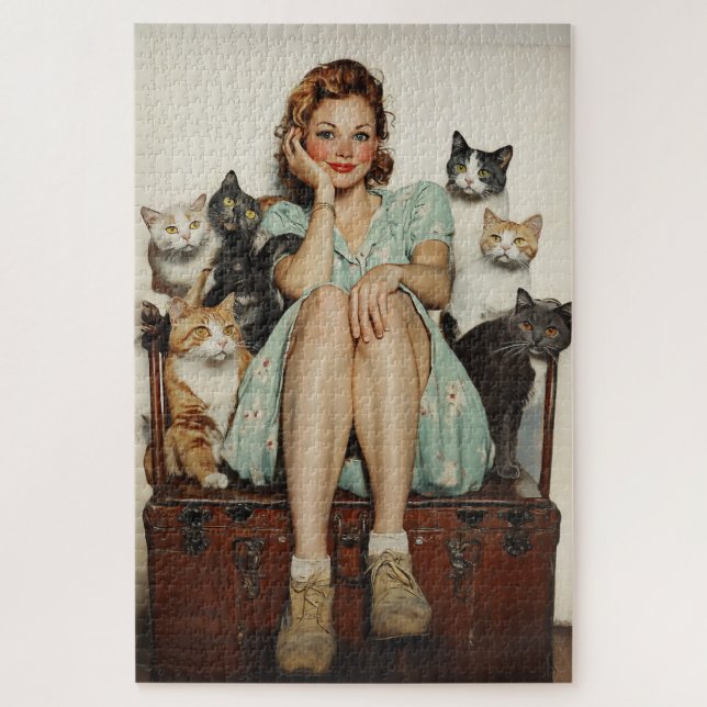 Embracing the Retro Crazy Cat Lady Vibes Jigsaw Puzzle (Vertical)