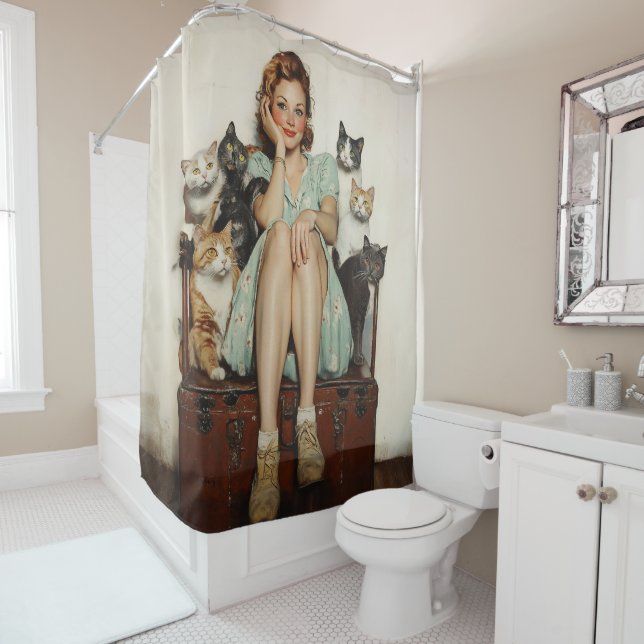 Embracing the Retro Crazy Cat Lady Vibes Shower Curtain (In Situ)