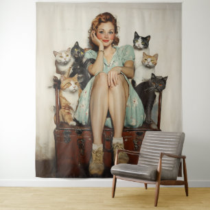 Embracing the Retro Crazy Cat Lady Vibes Tapestry