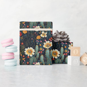 Embroidered Blooming Cactus on Black Wrapping Paper