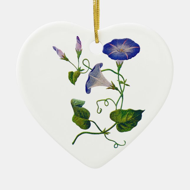 Embroidered Blue Morning Glories Ceramic Ornament (Front)