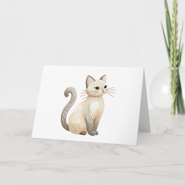 Embroidered Boho Cat Neutral Kitty Blank Greeting  Card (Front)