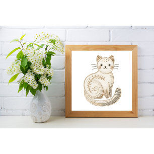 Embroidered Boho Cat Poster Neutral Minimalist