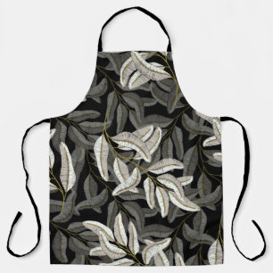 Embroidered branches: black-white print. apron