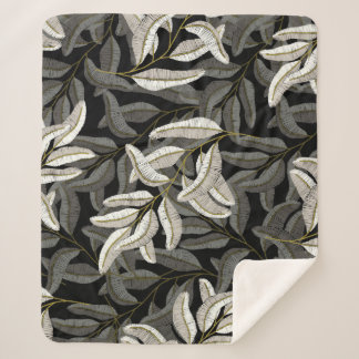Embroidered branches: black-white print. sherpa blanket