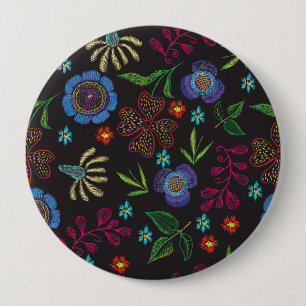 embroidered brooch with flowers on a black backgro 10 cm round badge
