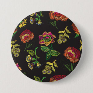 embroidered brooch with flowers on a black backgro 7.5 cm round badge