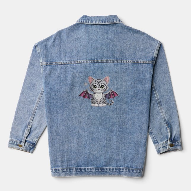 embroidered cat bat Classic T-Shirt Denim Jacket (Back)