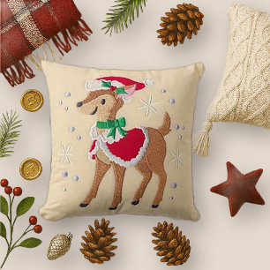 Embroidered Christmas Reindeer with Santa Hat Cushion