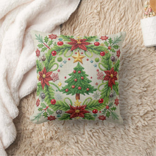 Embroidered Christmas Throw Pillow Festive Holiday
