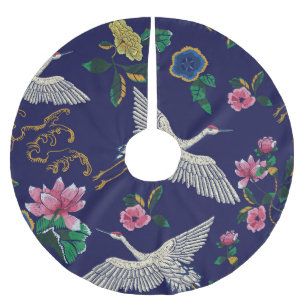 Embroidered cranes and flowers, vintage seamless p brushed polyester tree skirt