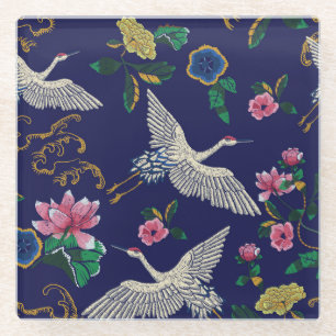 Embroidered cranes and flowers, vintage seamless p glass coaster