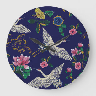 Embroidered cranes and flowers, vintage seamless p large clock