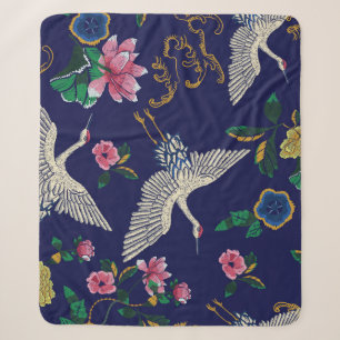 Embroidered cranes and flowers, vintage seamless p sherpa blanket