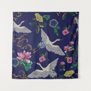 Embroidered cranes and flowers, vintage seamless p tapestry