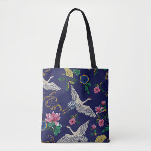 Embroidered cranes and flowers, vintage seamless p tote bag