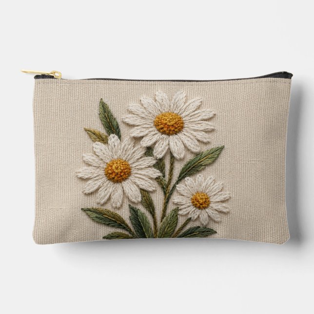 Embroidered Daisy Bloom Accessory Pouch (Front)