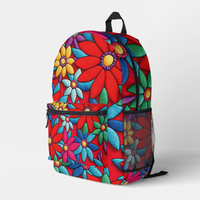 Embroidered Daisy Design Printed Backpack (Back Corner Right)