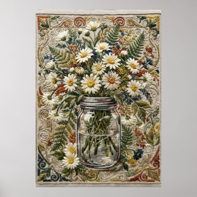 Embroidered Daisy Mason Jar Tapestry Art Poster (Front)