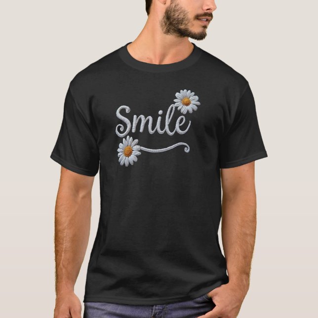 Embroidered Daisy Smile – Floral Cursive Typograph T-Shirt (Front)