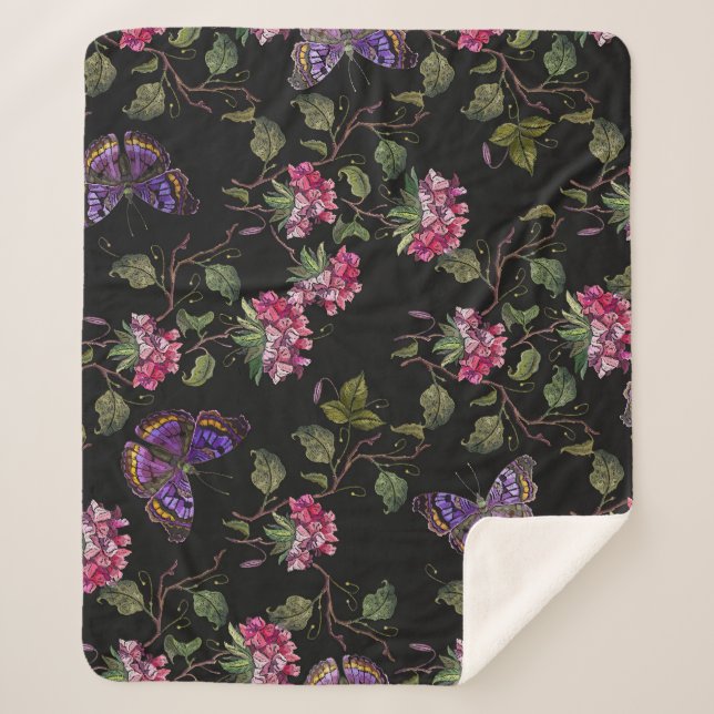 Embroidered Datura Flowers: Botanical Art Sherpa Blanket (Front)