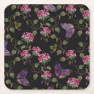 Embroidered Datura Flowers: Botanical Art Square Paper Coaster