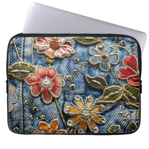  Embroidered Denim Florals in Yellow, Red, and Blu Laptop Sleeve
