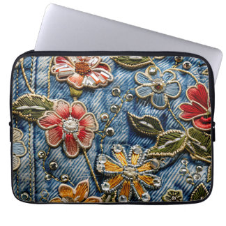  Embroidered Denim Florals in Yellow, Red, and Blu Laptop Sleeve