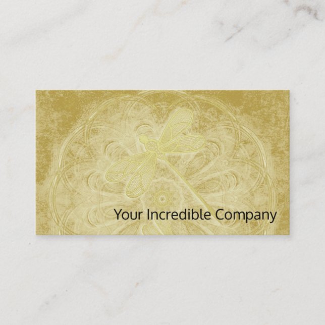 Embroidered dragonflies on gold mandala business card (Front)