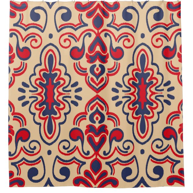 Embroidered Elegance: Ikat Fabric Pattern Shower Curtain (Front)