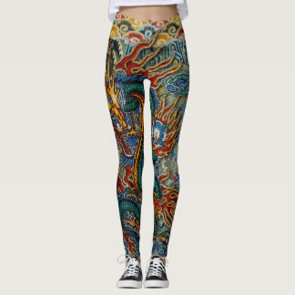 Embroidered Fiery Chinese Dragon Leggings