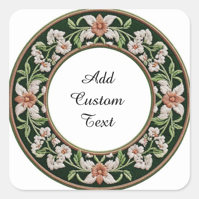 Embroidered Floral Circular Frame Square Sticker (Front)
