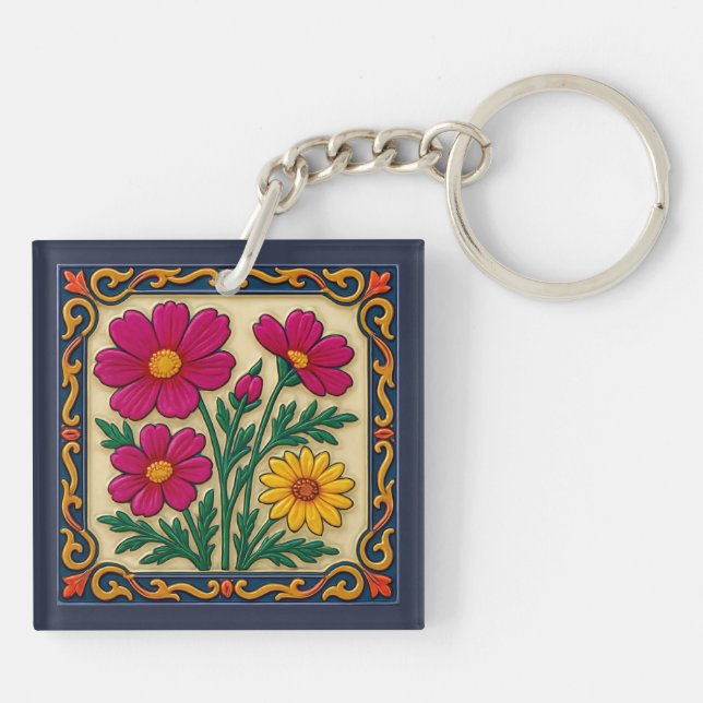 Embroidered Floral Folk Art  Key Ring (Back)