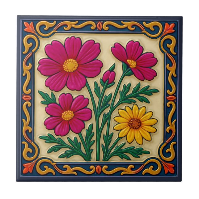 Embroidered Floral Luxury Folk Art Style  Ceramic Tile (Front)