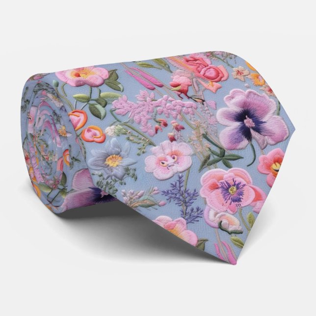 Embroidered Floral Seamless Pattern Tie (Rolled)