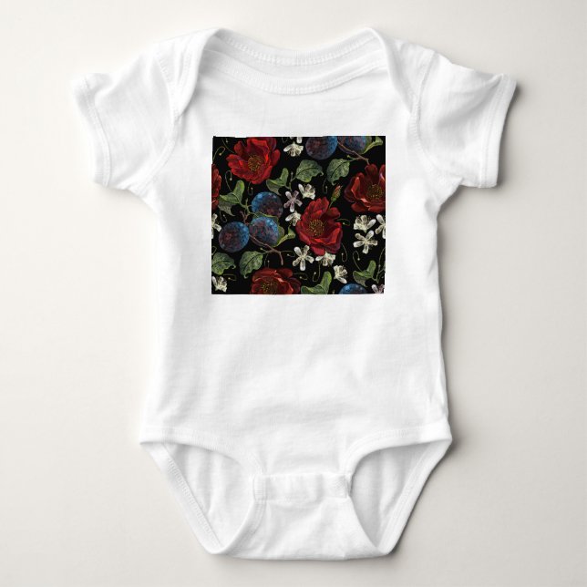 Embroidered Florals: Renaissance Seamless Pattern Baby Bodysuit (Front)
