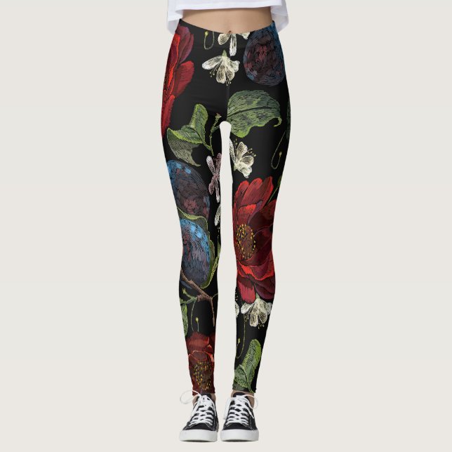 Embroidered Florals: Renaissance Seamless Pattern Leggings (Front)