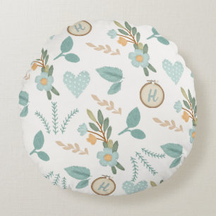 Embroidered Flower Design Crafters Blue Monogram Round Cushion