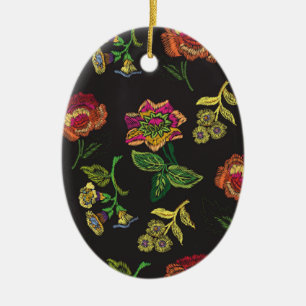 embroidered flower on black background ceramic ornament