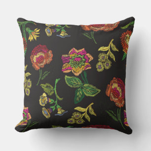 embroidered flower on black background cushion