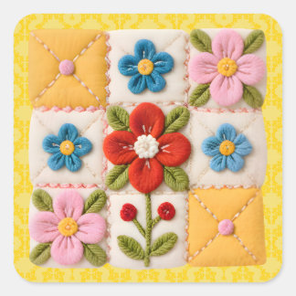 Embroidered Flower Patchwork Quilt Square Sticker
