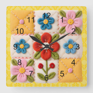 Embroidered Flower Patchwork Quilt Square Wall Clock