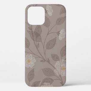 Embroidered flowers and leaves on brown background iPhone 12 case