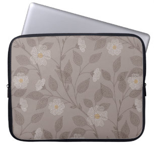 Embroidered flowers and leaves on brown background laptop sleeve
