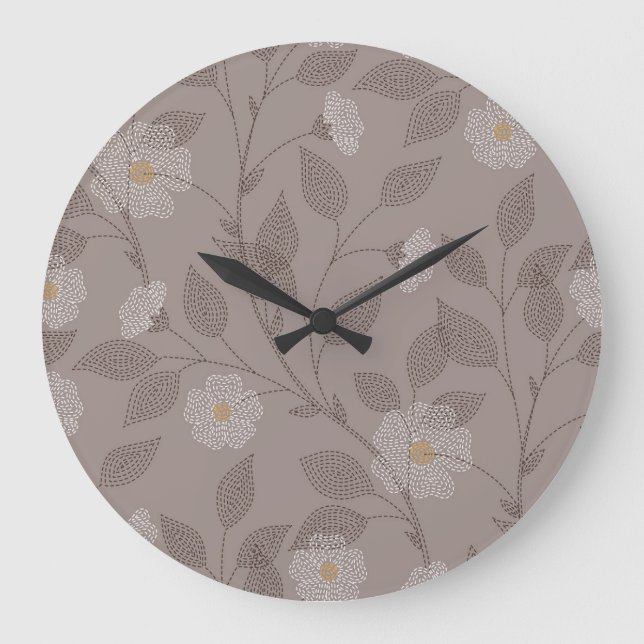 Embroidered flowers and leaves, seamless design. large clock (Front)